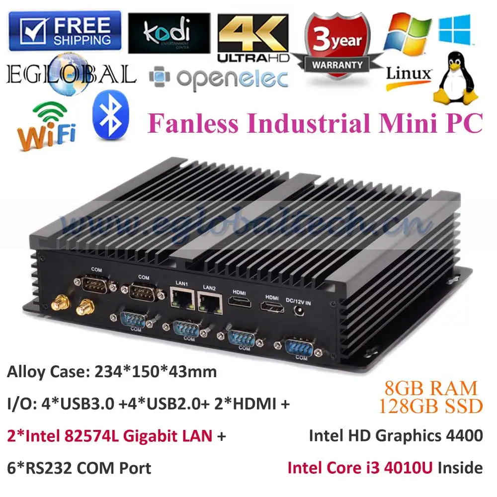 Eglobal Fanless Intel Nuc Industrial Mini PC Windows 10 Core i3 4010U 2 82583V RJ45 LANs 6 COM port Slim Computer | Компьютеры и офис