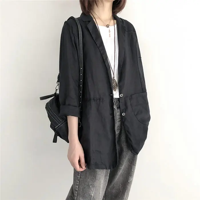 black thin coat Большой размер лето осень ретро повседневный костюм воротник хлопок и лен пиджак костюм Свободный Длинный блуза Mujer тонкий блуза пальто f737 - Цвет: black thin coat