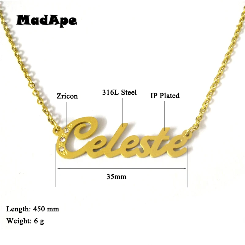 

MadApe Fashion 316L Stainless Steel "Celeste" Name Chain Customized Letter Necklace Gold Color Custom Personalized Name Necklace