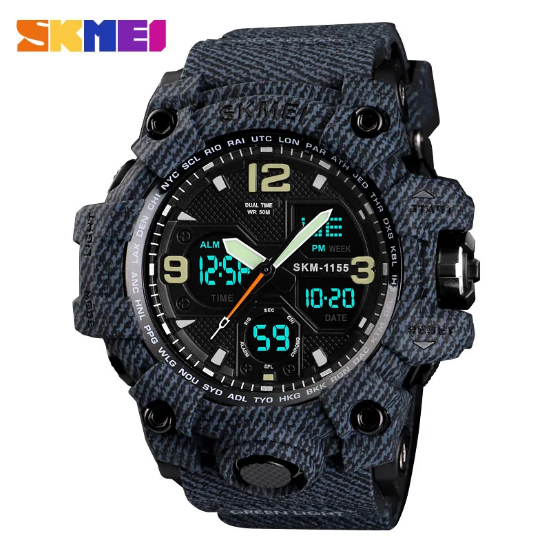 DENIM Black Watch SKMEI Марка Для мужчин спортивные часы Военные Водонепроницаемый Аналоговый Цифровой светодио дный электронный Кварцевые наручные часы Relogio Masculino 1155 - Цвет: DENIM Black Watch