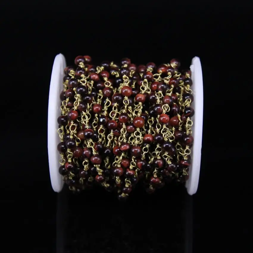 4mm Round Natural Stone Bronze Brass Wire Wrapped Chains Red Tiger eye Gems Rosary Style Bracelets Connector Jewelry | Украшения и