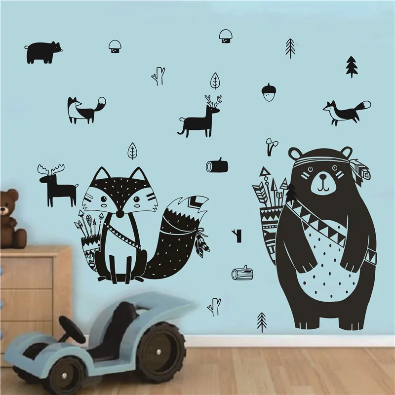 Nordic Style Decals Tribal Bear Animals God Tribal Fox  Vinyl Wall Sticker mural For Kids Rooms Decoration Nursery wall stickers