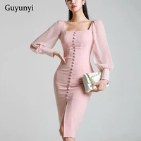 temperament office dress square collar single breasted chiffon stitching long sleeved bag hip slim dress 2021 spring party dress