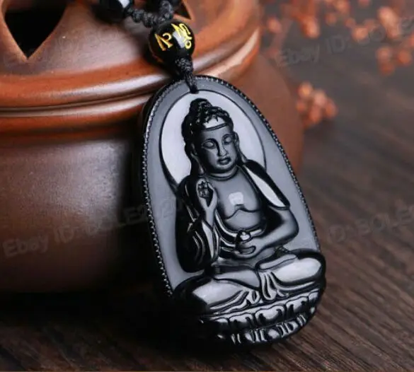 free shipping Chinese Natural Black Obsidian Carved Buddha Lucky Amulet Pendants + Necklace | Украшения и аксессуары