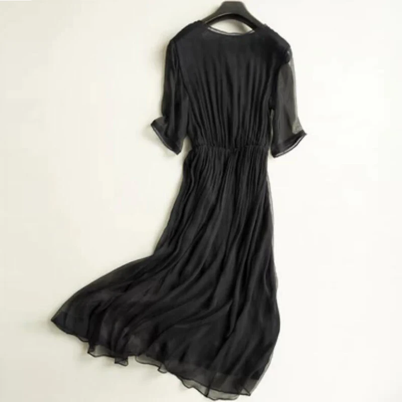 Шелковое платье женское элегантное пляжное длинное черное с v образным вырезом