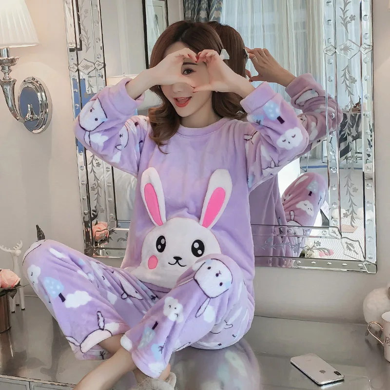 Женские милые пижамы, Осень-зима, фланелевые, Kawaii Rabbit, Корейская Пижама, Ночная одежда, ночное белье, nuisette femme de nuit, пижамы