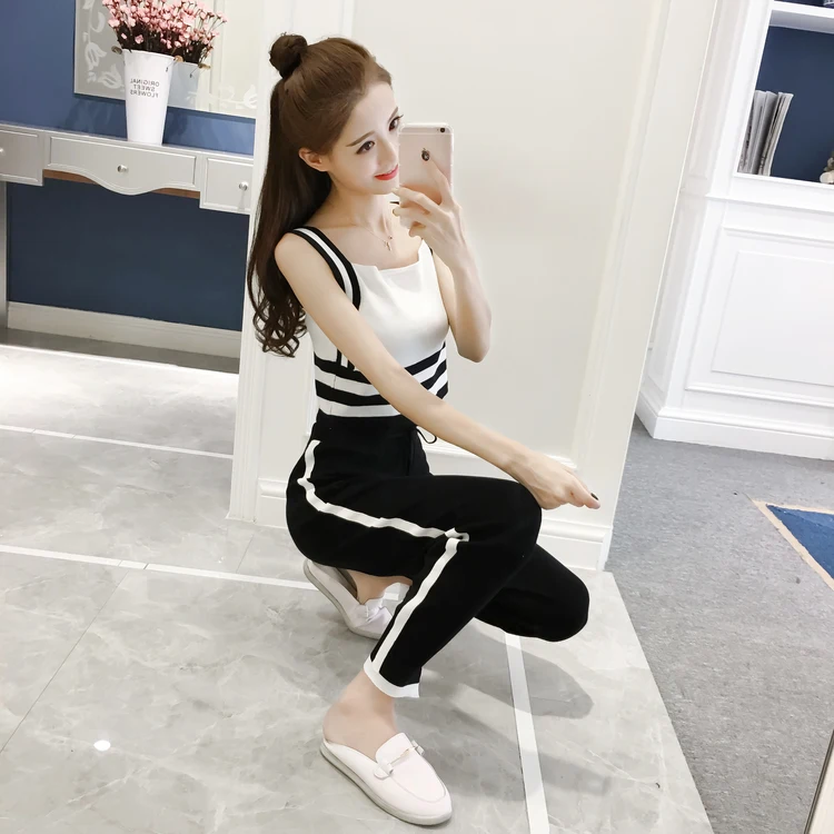 LKGHULO 2018 Two Piece Set Tracksuit Stripe Sexy Sleeveless Sweatsuits For Women Sets Cropped Survetement Femme military A687 | Женская