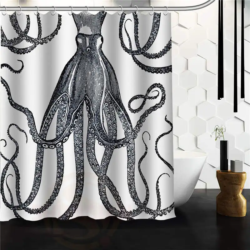 

Custom Waterproof Fabric Bathroom Shower Curtain Black and White Octopus 66"x 72" 60"x 72" 48"x 72"