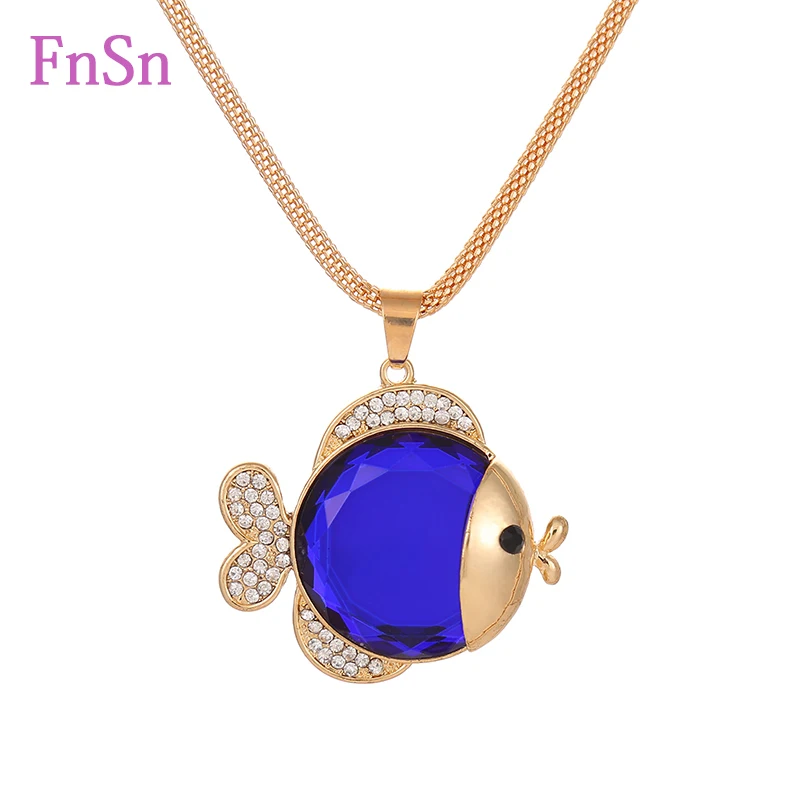 Женское ожерелье с подвеской длинное золотого цвета кристаллом в виде рыбы|necklace