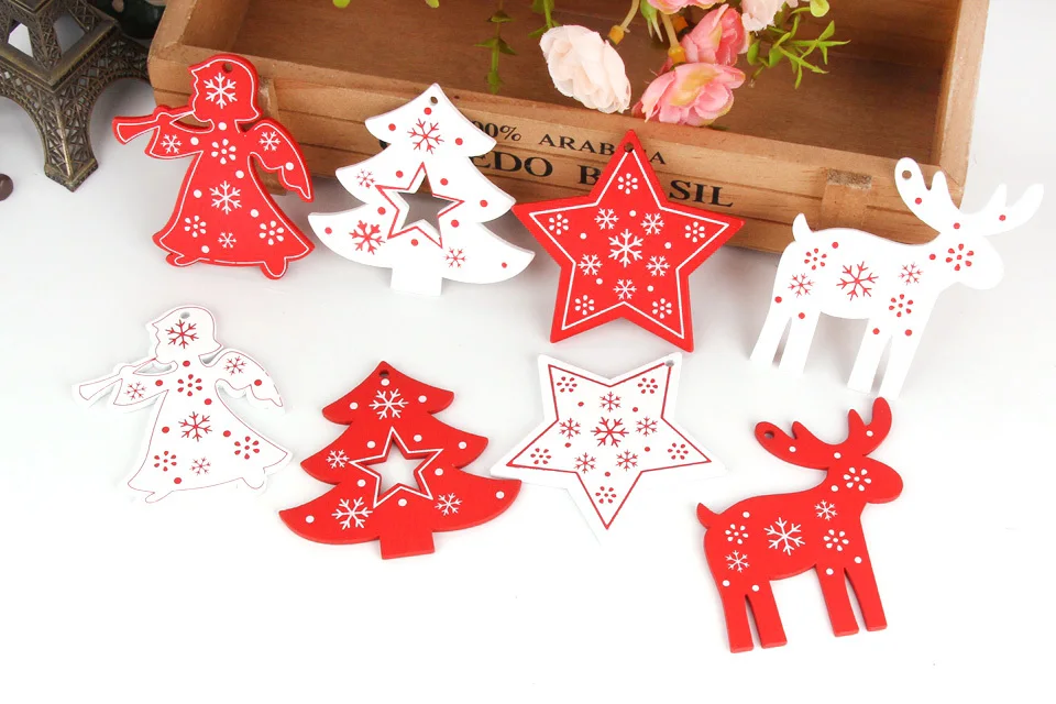 8PCS White&Red Wooden Christmas Ornaments Pendants Wood Crafts Hanging Xmas Tree Ornament Kids Gift Christmas Party Decorations