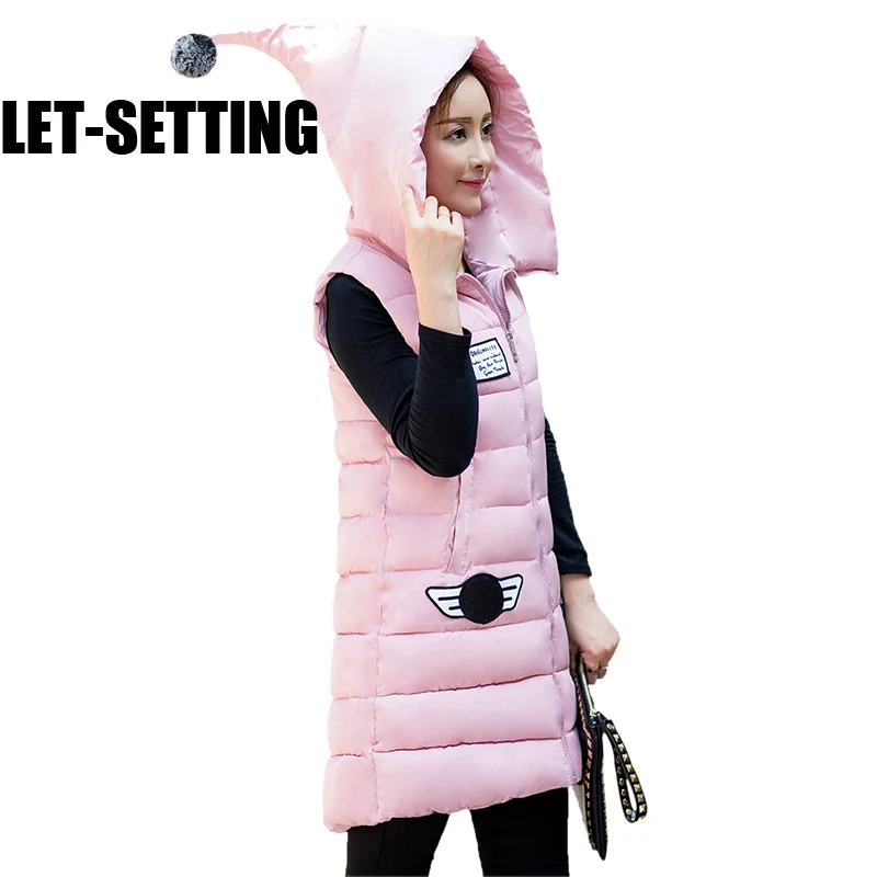 

new fashion slim hooded jacket vest female winter long vest women waistcoat pink sleeveless hooded vest gilet femme