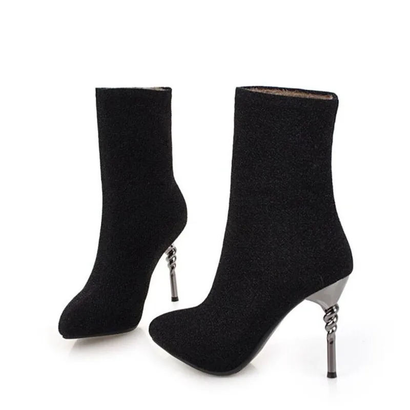 winter New pattern fashion Round head silvery sexy Elastic force Thin leg Short boots Fine heel Add wool Keep warm Women Boots