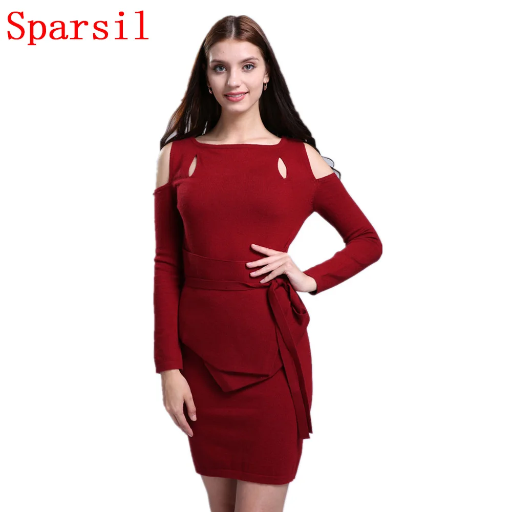 Sparsil женское осеннее кашемировое платье с вырезом лодочкой мини зимнее вырезами