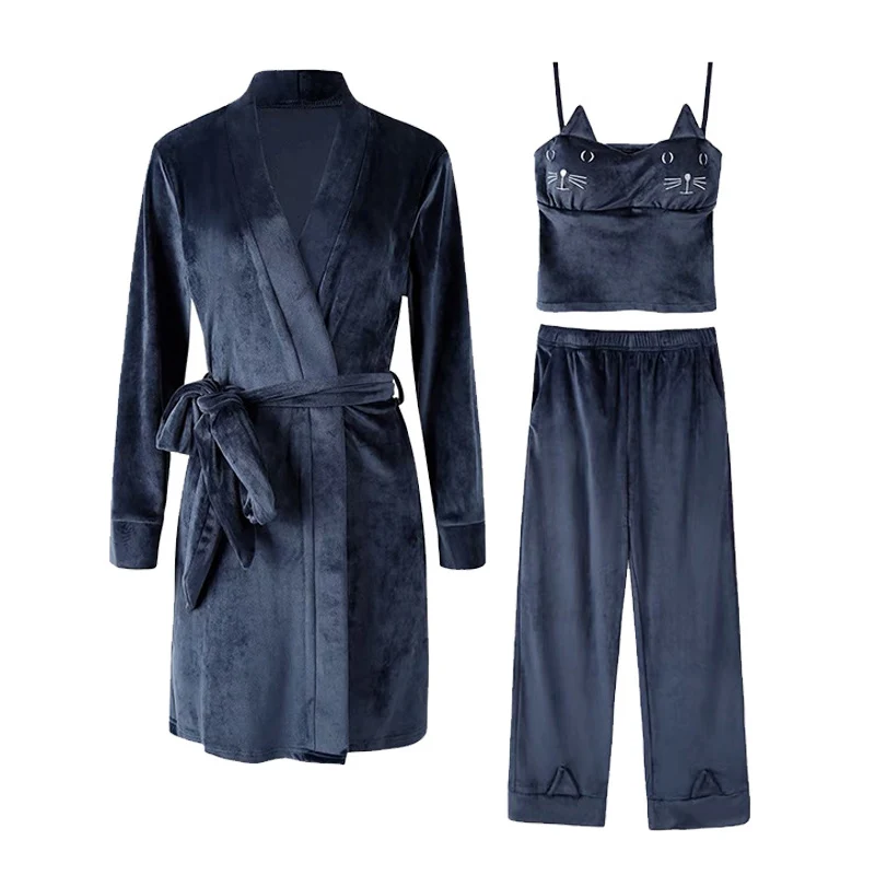 Бархатные пижамы 3 предмета осень и зима новые японские милые с котом слинг халат