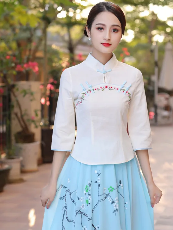 Sheng Coco темно-синие рубашки китайский стиль Вышивка Цветы Cheongsam топы традиционная китайская одежда длинный рукав Hanfu