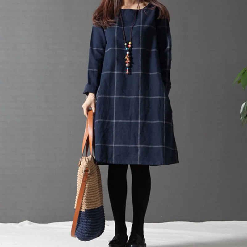 Plus Size Women Dress 2018 Autumn Vintage Paid Print Dresses Long Sleeve O Neck Midi Sexy Casual Loose A Line Female Vestidos | Женская