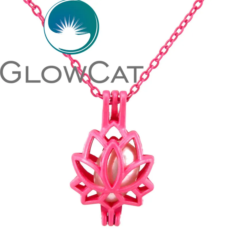 RR52 Hot Pink Lotus Flower Oyster Pearl Beads Cage Aromatherapy Essential Oil Diffuser 18'' Necklace Locket | Украшения и