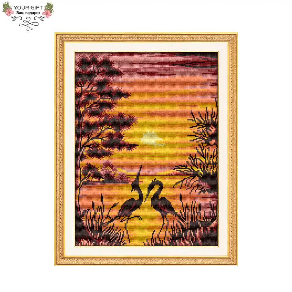 

Joy Sunday F801 14CT 11CT Counted and Stamped Home Decor The Crane Shadow In Sunset Needlework Embroidery DIY Cross Stitch kits