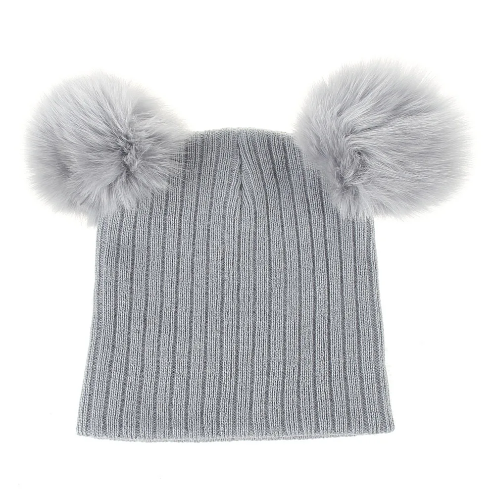 On Sale 1pcs Baby Winter Real Fox Fur Ball Beanie Knit Hat Kids Warm Pom Poms Skullies Toddler Infants Beanies Wool Cap | Детская одежда