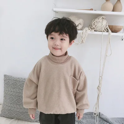 Fall Winter Children Korean Thicken Velvet Solid Hoodies for Boys and Girls Kids Baby Turtleneck Cotton Long Sleeve T Shirt Tops | Детская