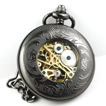 Мужские черные скелетоны античный белый циферблат полые механические карманные