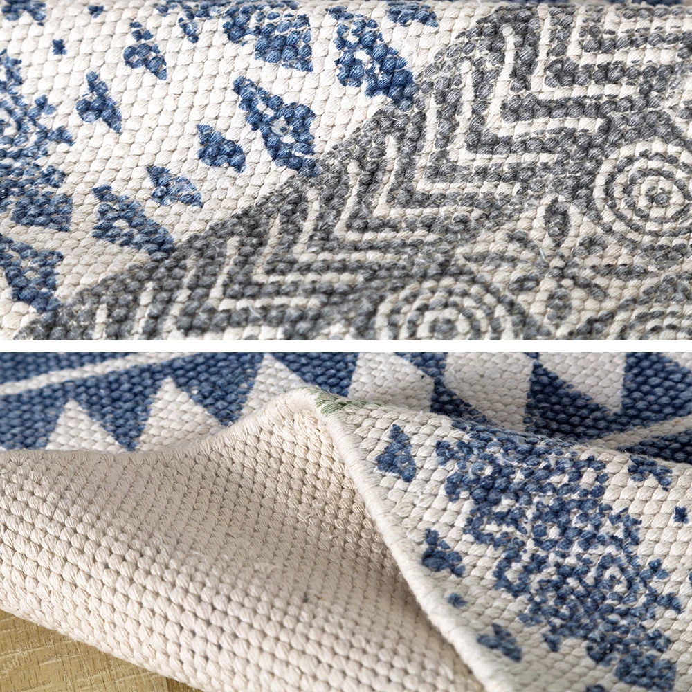 저렴한 인도 스타일 코튼 수제 침대 옆 러그, 레트로 빈티지 거실 커피 테이블 카펫, 목가적 인 장식 그라운드 매트