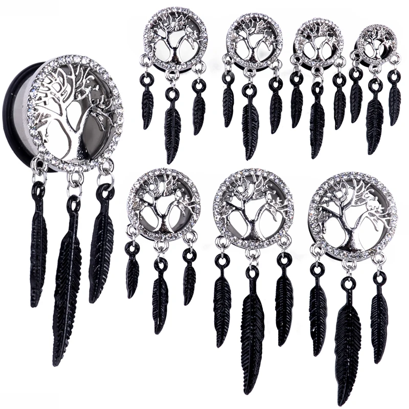 1 Pair Surgical Steel Crystal Tree of Life Feather Dangle Ear Plugs Saddle Flesh Tunnel Gauge Expander Body Piercing Jewelry|Украшения