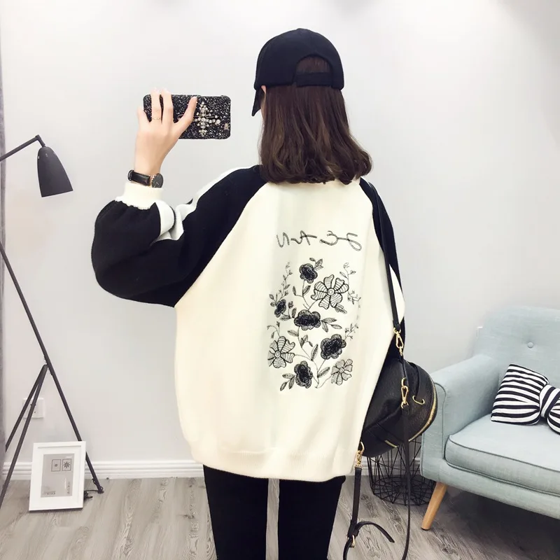 2017Autumn winter Women Sweater Coat Basic Baseball Jackets female jacket Coats Outerwear Patchwork knit Cardigans |