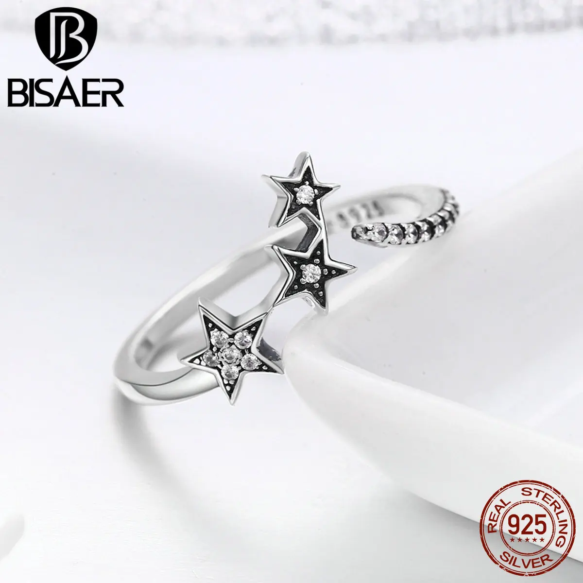 BISAER Аутентичные 925 пробы серебряные регулируемые Ослепительная звезда открытые