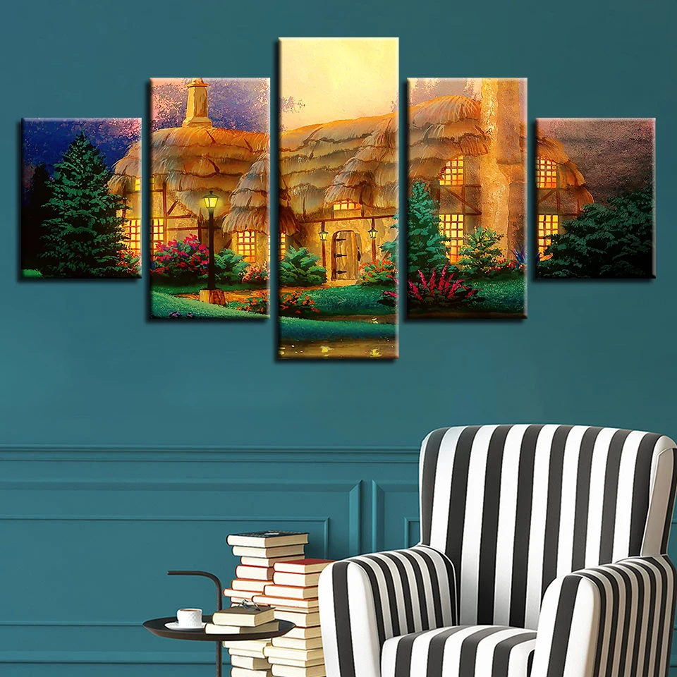 Canvas Painting Poster Wall Art Framework 5 Panel House Of Flowers And Trees Modular Pictures For Living Kids Room Decorative | Дом и сад