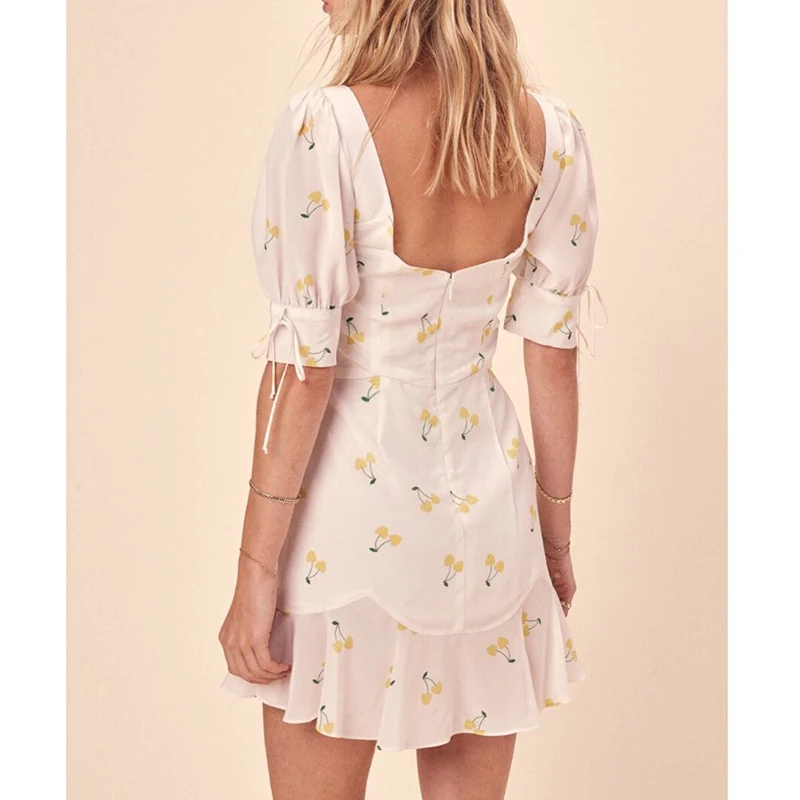 PERHAPS U cherry print white bow square collar empire puff sleeve short a line mermaid mini dress small fresh D1023 | Женская одежда