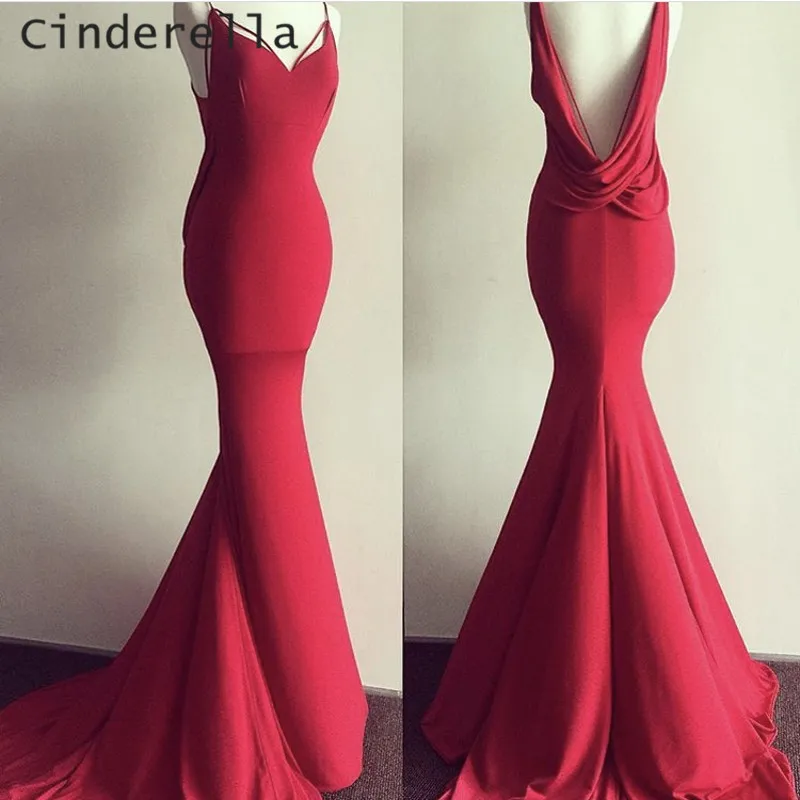 Cinderella Red Backless V-Neck Court Train Floor Length Mermaid Spandex Pleated Evening Dresses Long Party Gown | Свадьбы и