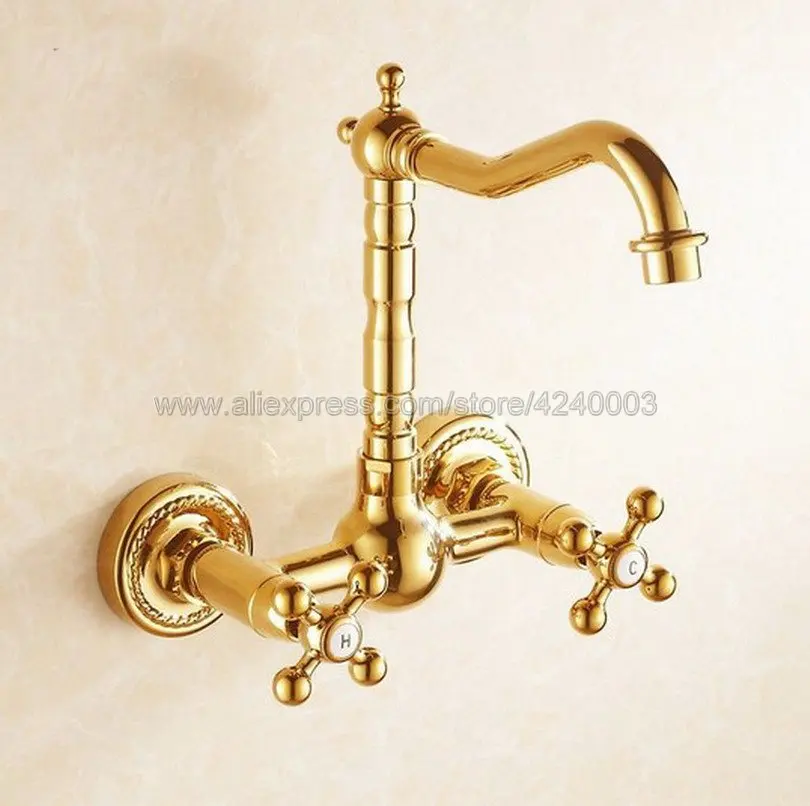 

Basin Faucets Gold Brass Wall Mounted Kitchen Bathroom Sink Faucet Dual Handle Swivel Spout Hot Cold Water Mixer Tap Kgf010