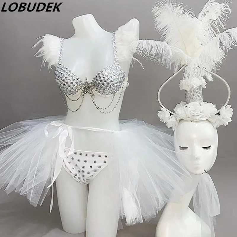 

Black White Feather Headgear Crystals Bikini Women's Set Valentine's Day party Dance Costume Bar Club Models Catwalk Stage Wears