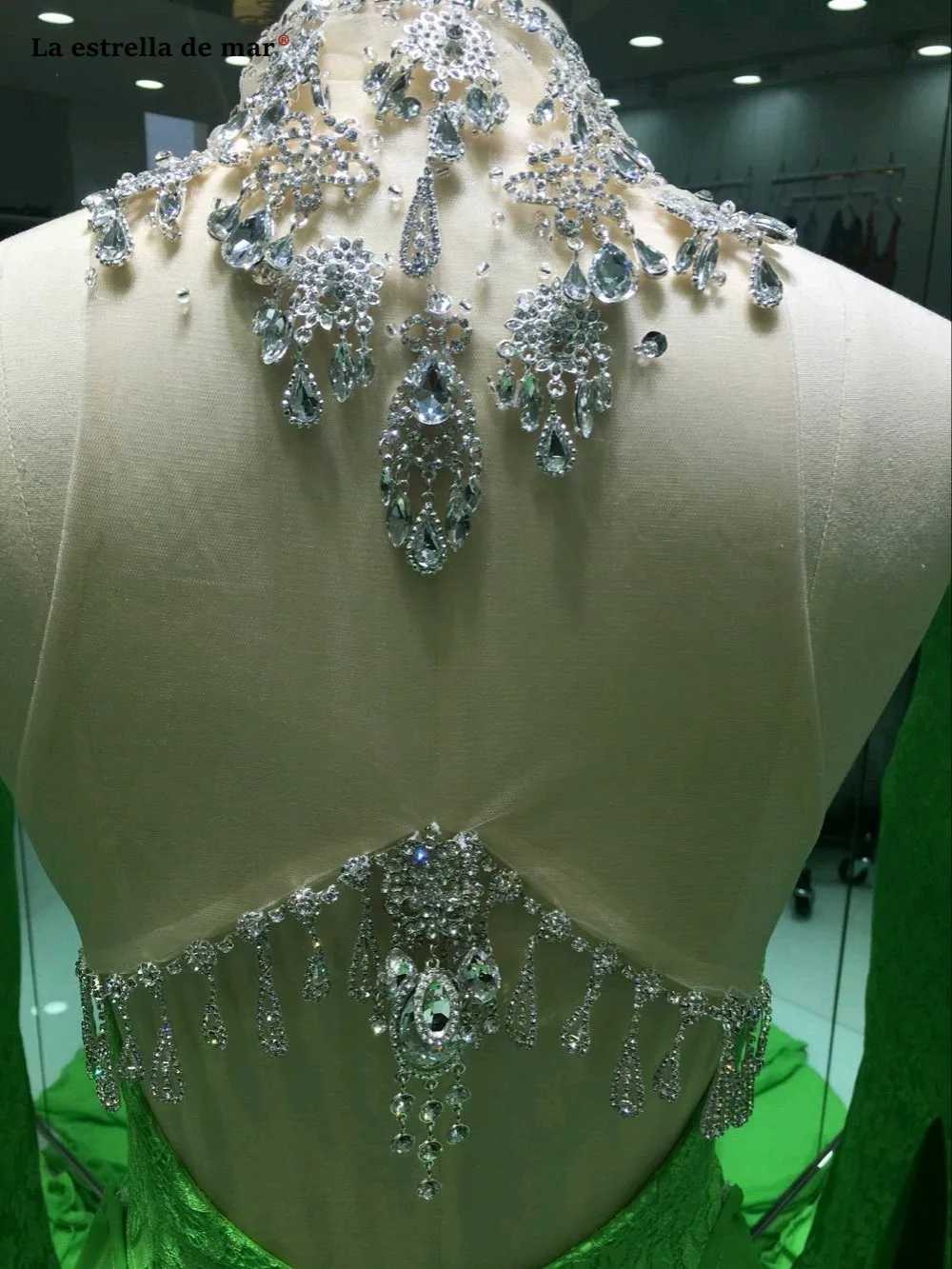 Vestidos de gala2019 высокое средства ухода за кожей шеи кружево Кристалл спинки изумрудно зеленый высокий разрез Сексуальная Русалка Выпускные