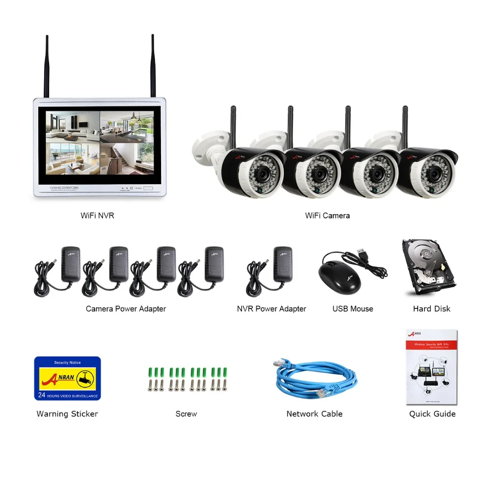 ANRAN P2P 4CH CCTV Wireless NVR Kit 12 Inch Screen 960P HD WIFI Outdoor IP Camera 36 IR Surveilance System HDD Optional |