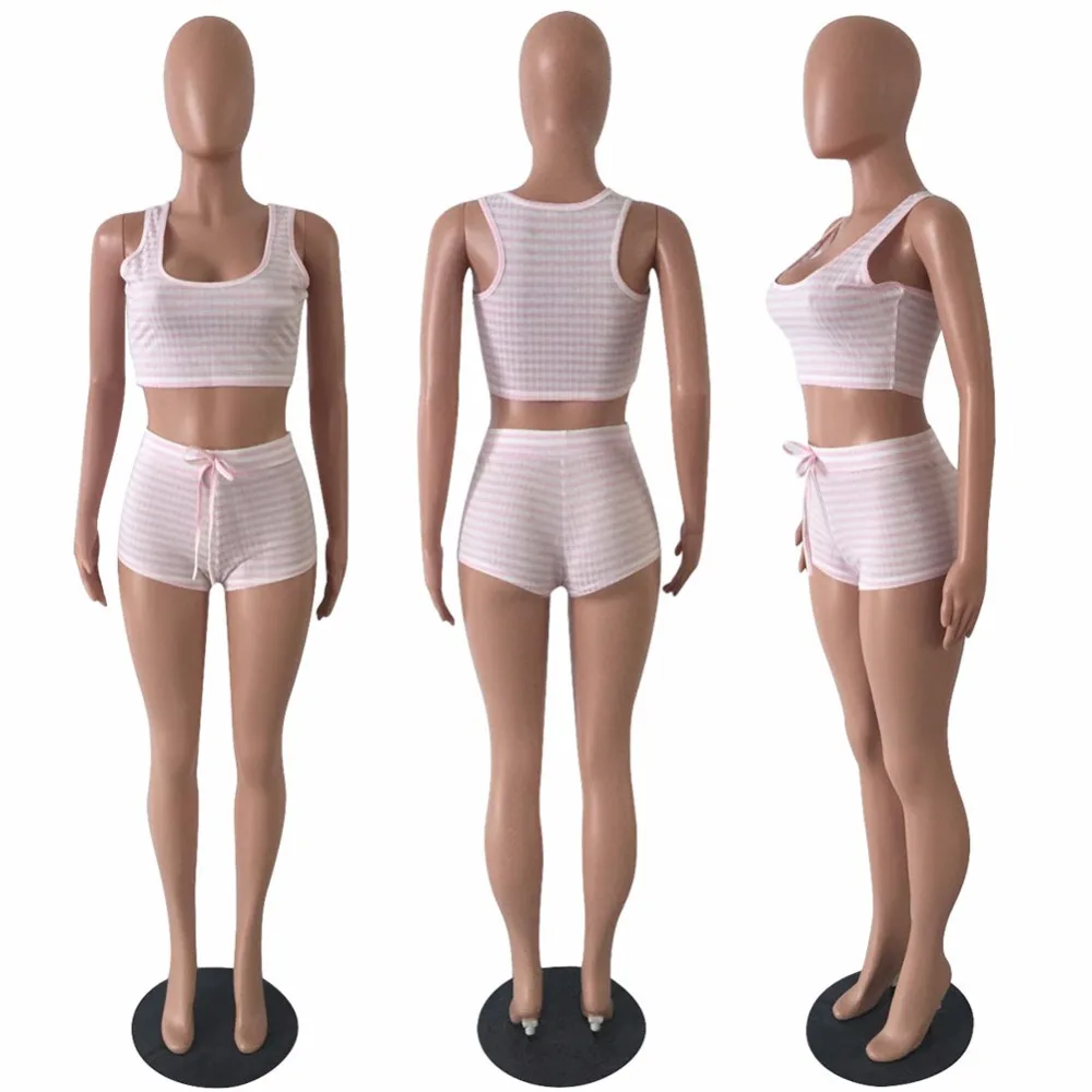 Women Sexy Tracksuit Fitness Beach Suit Crop Top Pant Two Piece Set Pink Womens Striped Vest Short 2 Summer Cropped Outfit | Женская