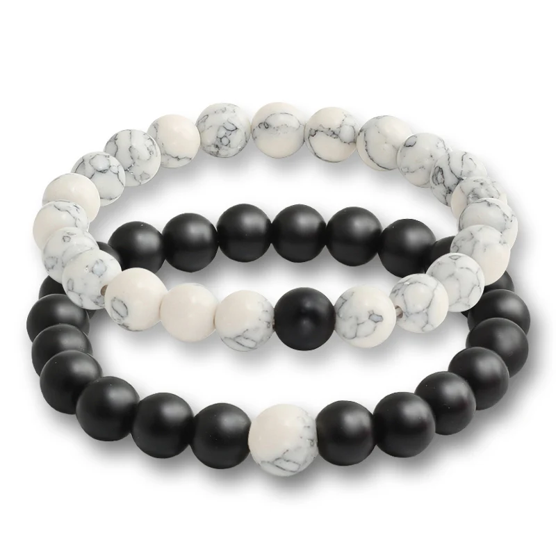 Bright Black Sliver 2 шт./компл. модный натуральный камень браслет очарование пару тигровый глаз черный Лава матовый белый бисер браслеты ювелирные изделия для Женщины Мужчины подарок - Окраска металла: Bright Black Sliver