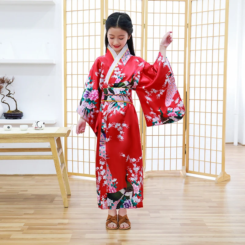 

Red Child Novelty Cosplay Floaral Dress Japanese Baby Girl Kimono Dress Children Vintage Yukata Kid Girl Dance Costumes