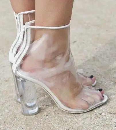 Designer Clear Plastic Boots See Through PVC Women Short Back Zipper Block Heel Transparent Ankle for |