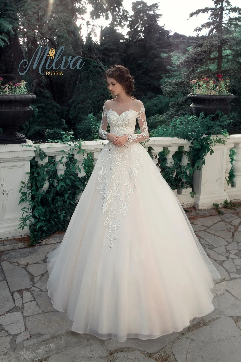 Свадебное платье с круглым вырезом длинным рукавом и шлейфом|bridal gown lace|gown lacetulle