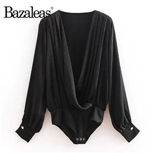 XN22 black 9339 Bazaleas перламутровый тканевый комбинезон, сексуальный глубокий v-образный вырез, женский боди, бюст, крест, комбинезон, рукав, кнопка, женский комбинезон, повседневный - Цвет: XN22 black 9339