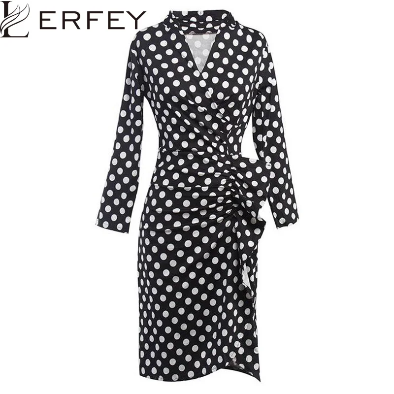 Женское офисное платье LERFEY деловое карандаш в горошек асимметричное Осень