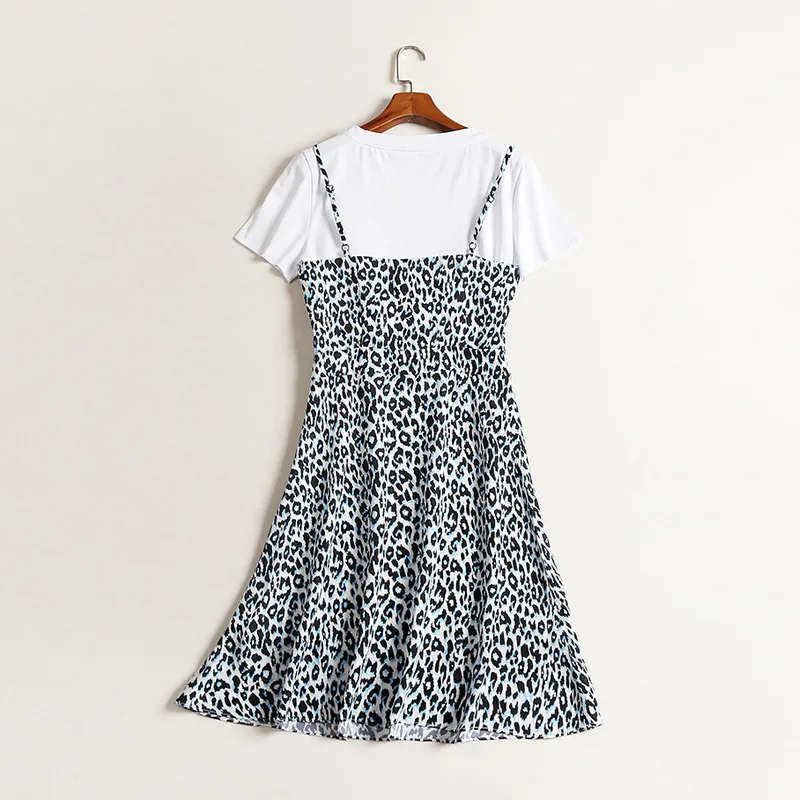 FASHION Mori Girl Summer Dress 2018 Leopard Print Vestidos Women Sexy Elegant Strap Casual 2 Sets with White T-shirt B1341 | Женская