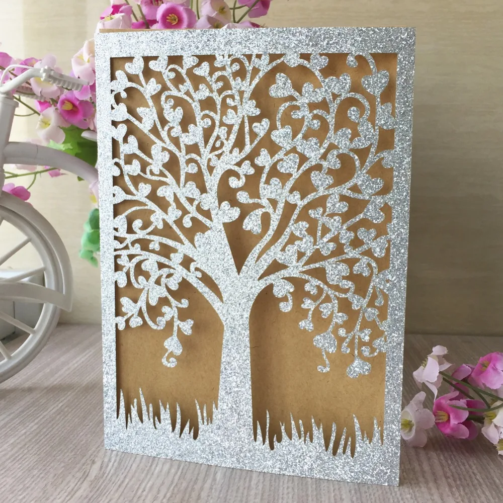 

100pcs New Laser Cut Chic Tree Invitation Silver Gold Glitter Card craft laser cut folded wedding party birthday invitation card