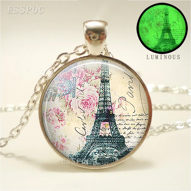 

Glow In The Dark Eiffel Tower Luminous Necklace Glass Cabochon Pendant Chain Fashion Jewelry for Women Girls