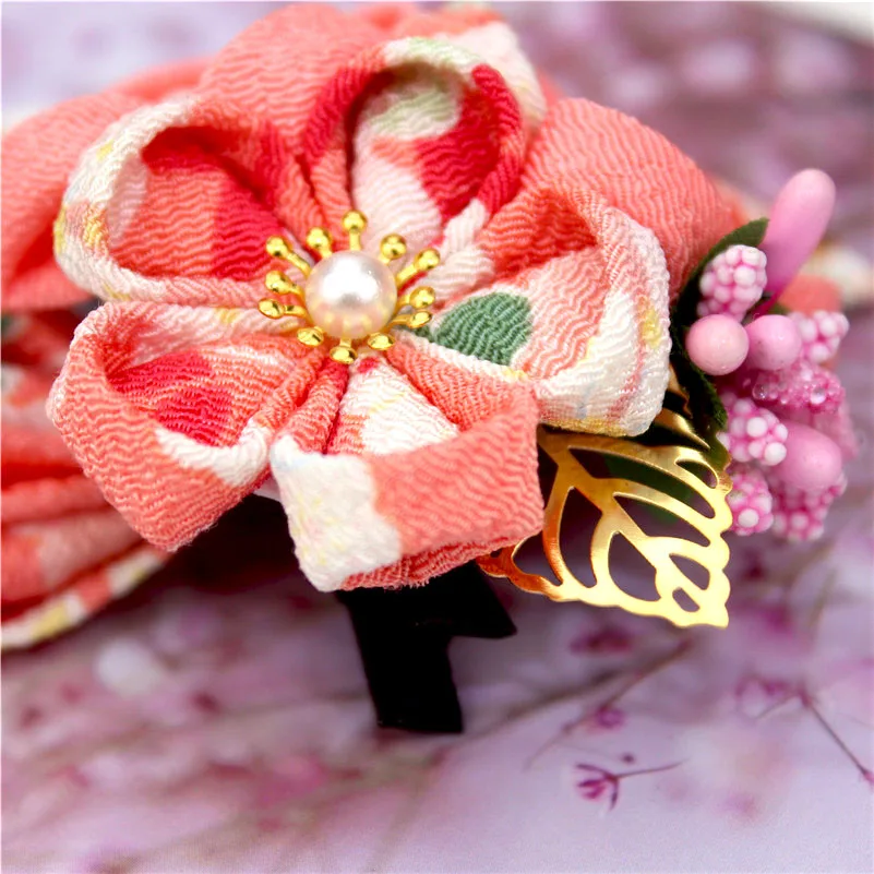 Японский стиль tsuami Kanzashi Розовый Красный кисточки Цветок сакуры веер кимоно аксессуар ручной работы заколка для волос HW002