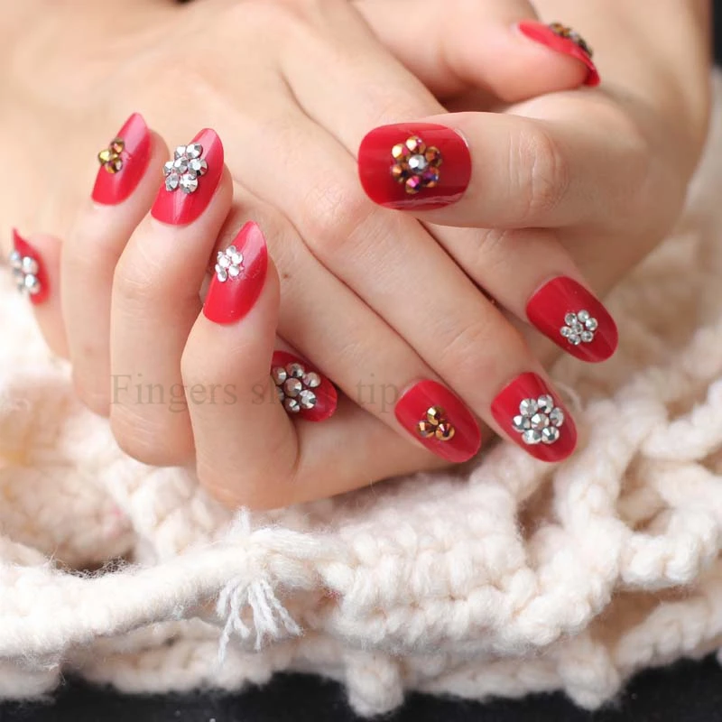 The latest popular full diamond crystal round head candy color handmade fake nails Rich red W15 | Красота и здоровье
