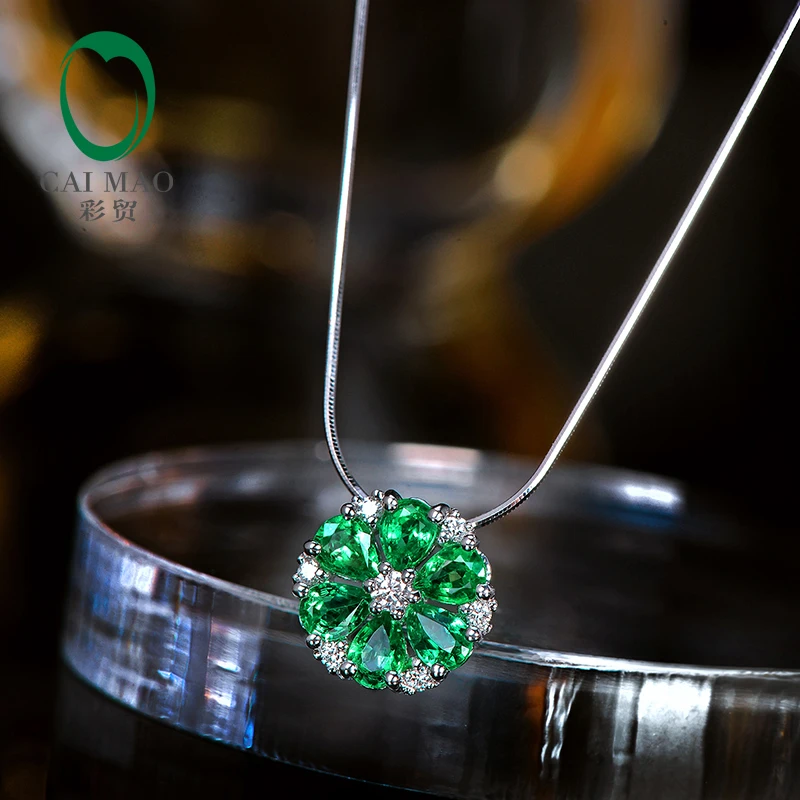 Caimao натуральный 0.82CT изумруд АЛМАЗ цветок кулон для помолвки 18ct цепочка из белого золота