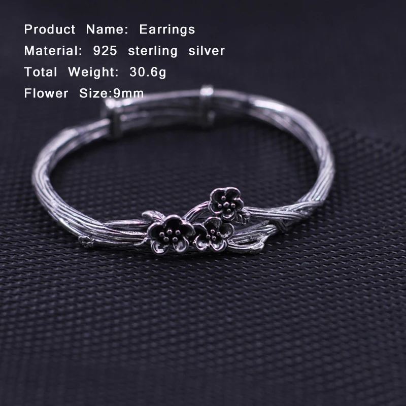 

Vintage Tree Flower Bracelet Handmade Plum Blossom Fine Jewelry 100% Real 925 Sterling Silver Bracelets Bangles For Women SB04